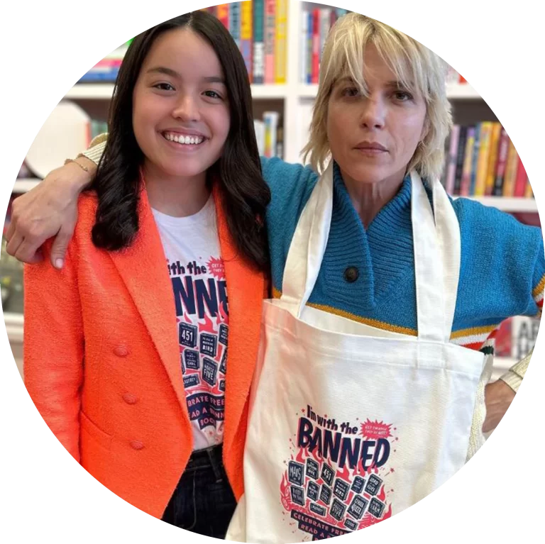 Annabelle's Book Club LA - image of Annabelle Chang (founder) and Selma Blair (actor) wearing the much desired "I'm with the Banned" t-shirt and tote bag.
