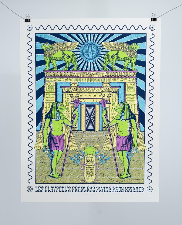 5 color screen printed poster for Les Claypool's Fearless Flying Frog Brigade. Printed on French Paper 100 pound Construction Recycled White. Design by Great Big Wave.
