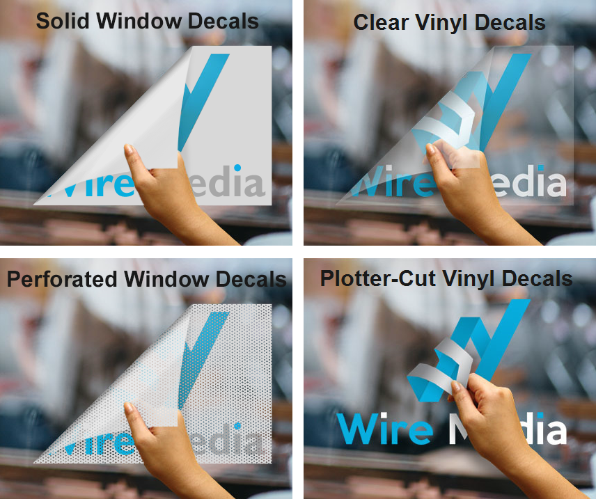 Example of 4 types of window vinyl decals. Solid Window Decals, clear vinyl decals, perforated window decals, and plotter-cut vinyl decals.