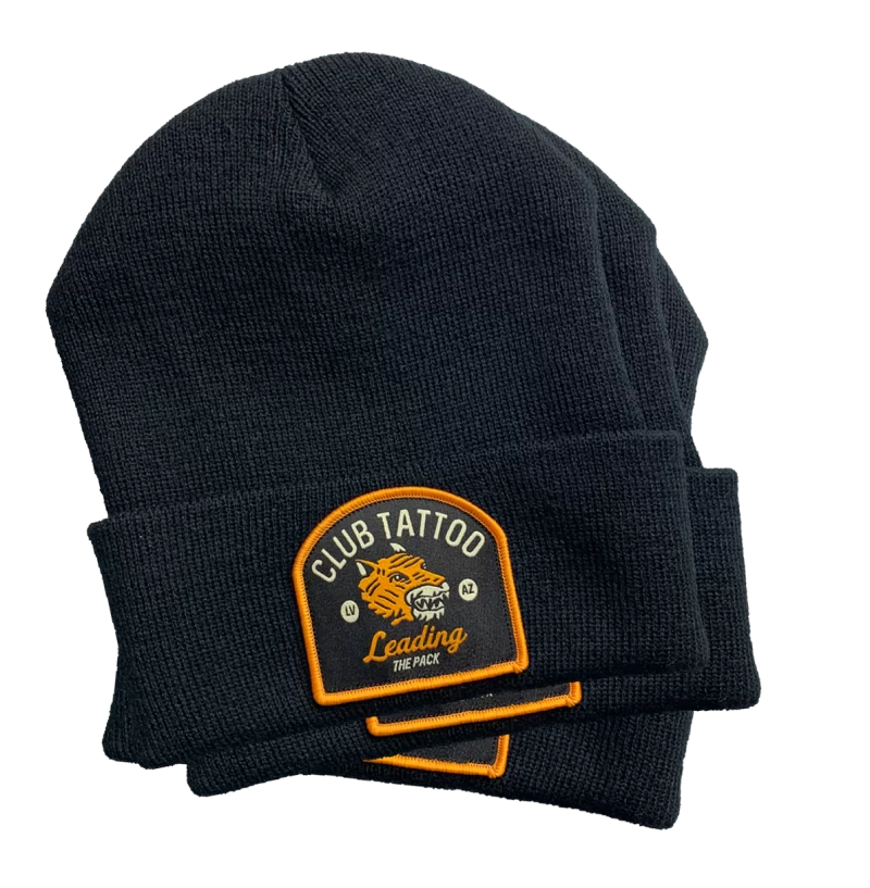 Club Tattoo Beanies with Tiger Patches - Stacked