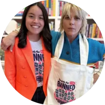 Annabelle's Book Club LA - image of Annabelle Chang (founder) and Selma Blair (actor) wearing the much desired "I'm with the Banned" t-shirt and tote bag.