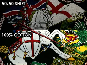 A comparison of discharge inks printed on a 100% cotton shirt, and a 50% cotton, 50% polyester shirt. The print on cotton is bright and vibrant, the print on blended fabric is desaturated, due to the fact that polyester does not discharge its pigment.